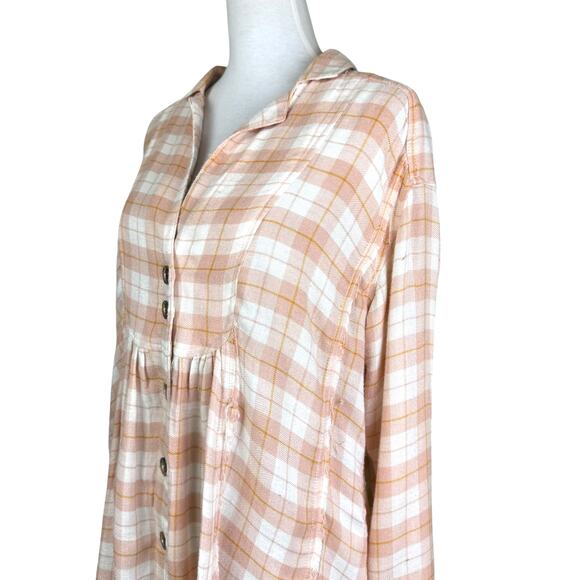 Free People All About the Feels Rose Pink Plaid Button Down Wool Blend Tunic Top - Picture 7 of 13